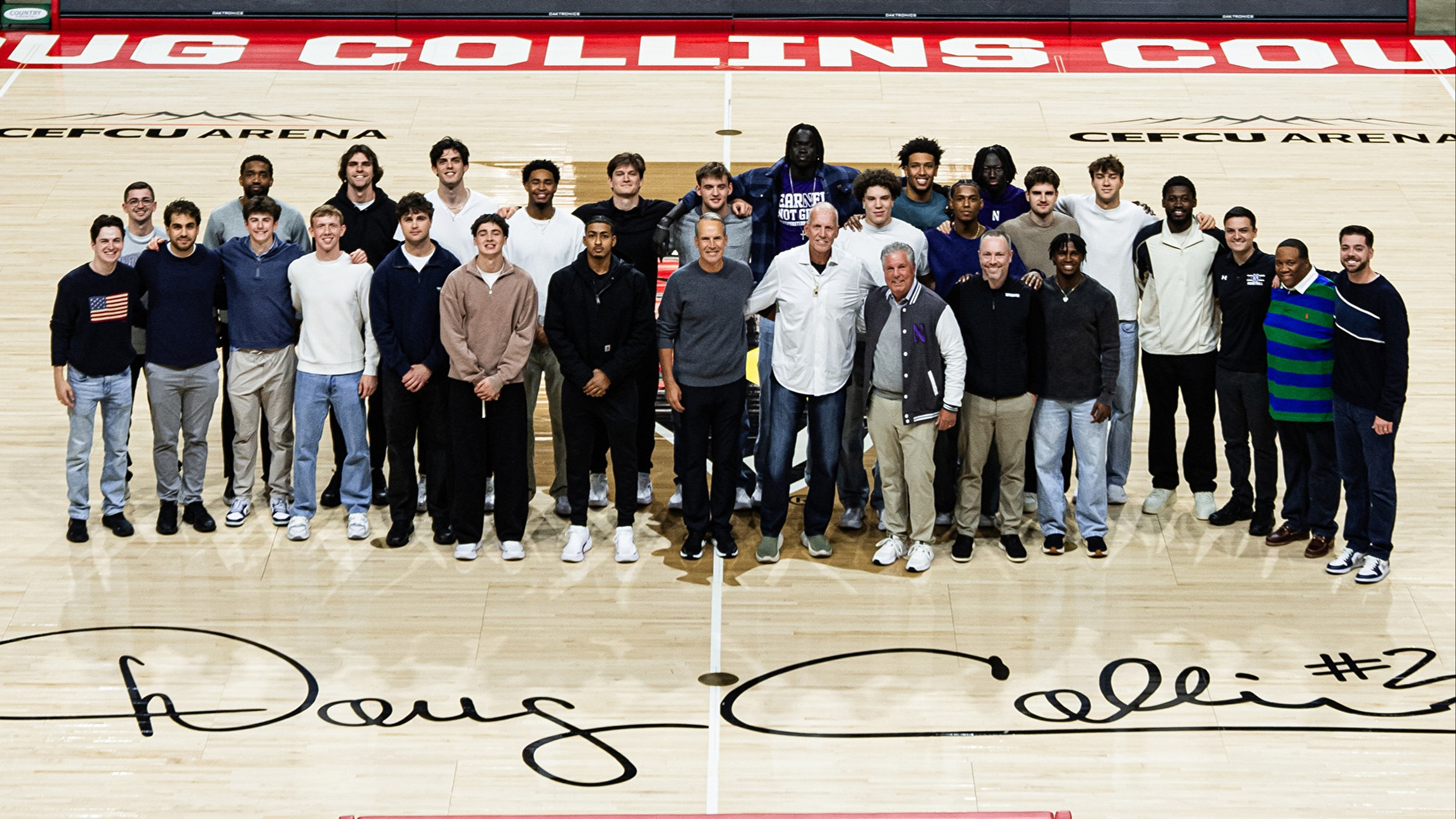 Northwestern basketball visits Doug Collins court at Illinois State for a team picture.