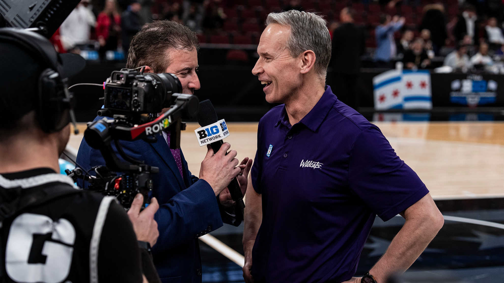 Northwestern head basketball coach Chris Collins speaks to BTN's Andy Katz following the Wildcats win over Indiana at the 2026 Big Ten Tournaent.