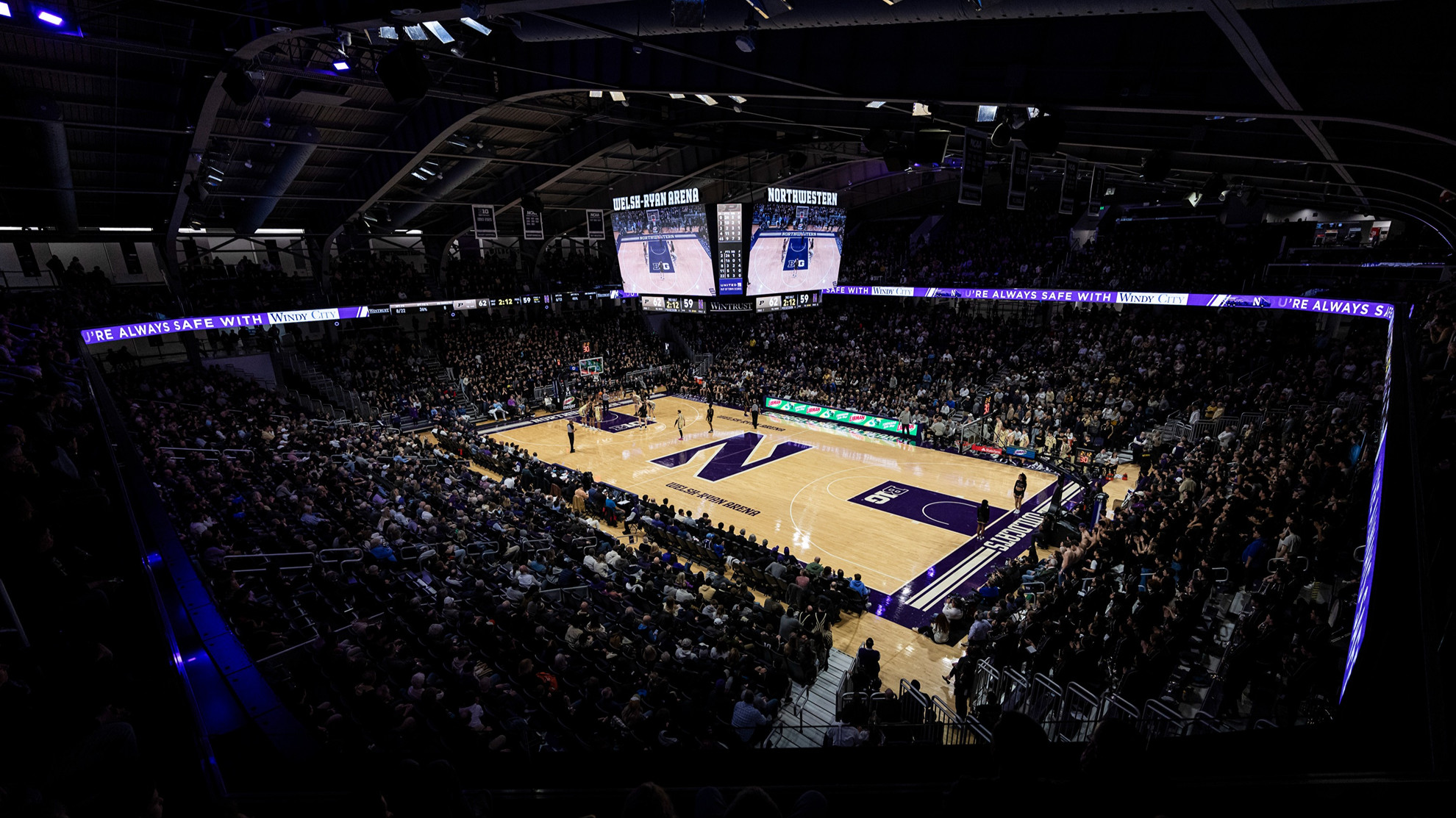 A view of Welsh-Ryan Arena from the upper deck looking at a slash angle.